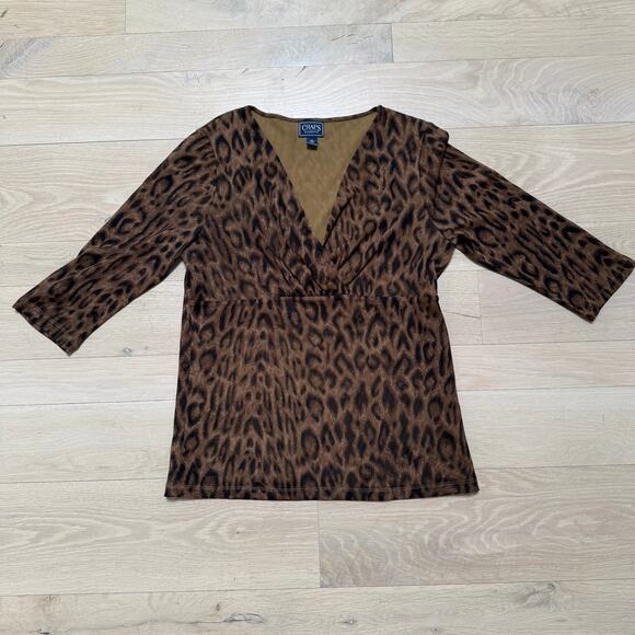 Y2K Chaps V Neck Top Babydoll Empire 3/4 Sleeve XL Cheetah Mesh - Picture 1 of 6